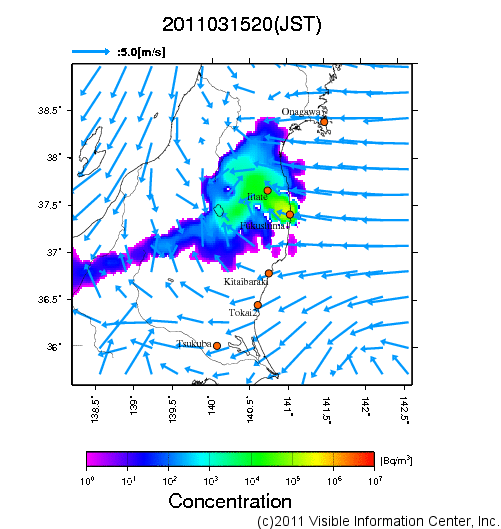 大気中濃度分布[Bq/m3]　2011031520