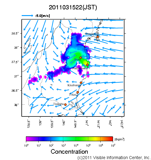 大気中濃度分布[Bq/m3]　2011031522