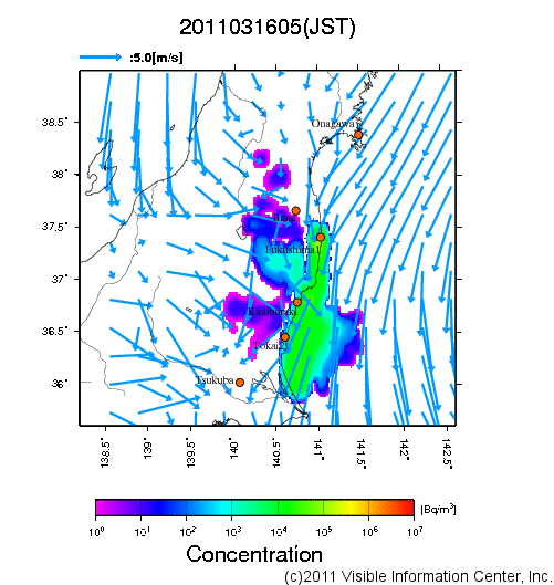 大気中濃度分布[Bq/m3]　2011031605