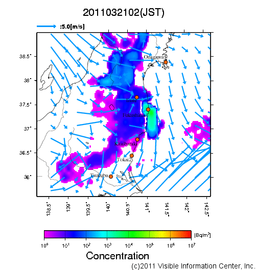地表付近 大気中濃度分布[Bq/m3]　2011-03-21 02時