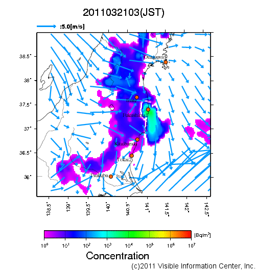 地表付近 大気中濃度分布[Bq/m3]　2011-03-21 03時