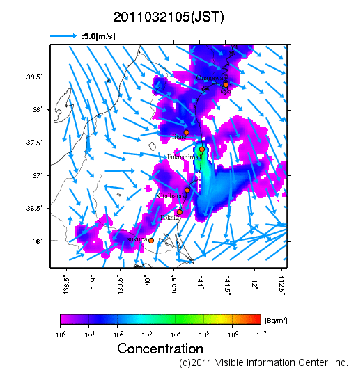 地表付近 大気中濃度分布[Bq/m3]　2011-03-21 05時