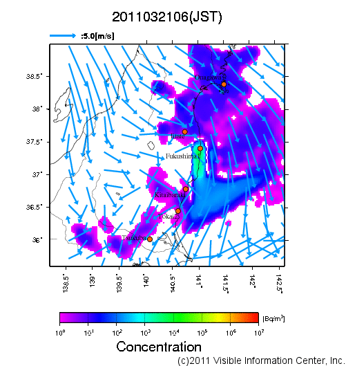 地表付近 大気中濃度分布[Bq/m3]　2011-03-21 06時