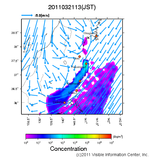 地表付近 大気中濃度分布[Bq/m3]　2011-03-21 13時