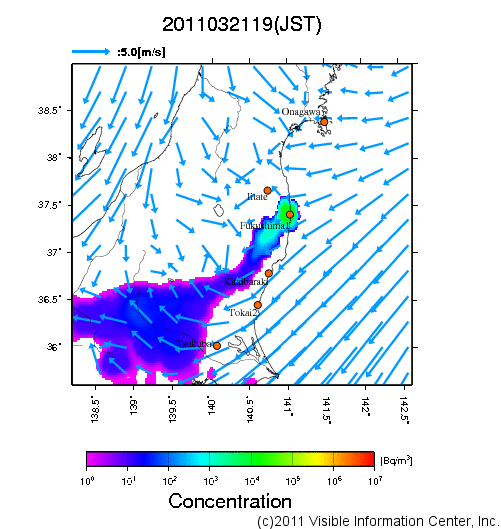 地表付近 大気中濃度分布[Bq/m3]　2011-03-21 19時