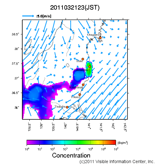 地表付近 大気中濃度分布[Bq/m3]　2011-03-21 23時