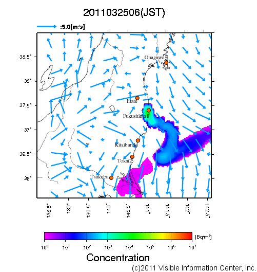 大気中濃度分布[Bq/m3]　2011032506