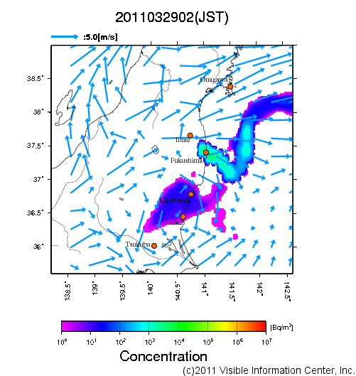 大気中濃度分布[Bq/m3]　2011032902