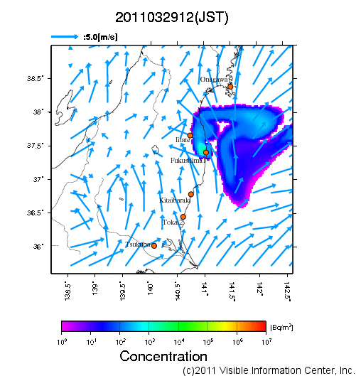 大気中濃度分布[Bq/m3]　2011032912