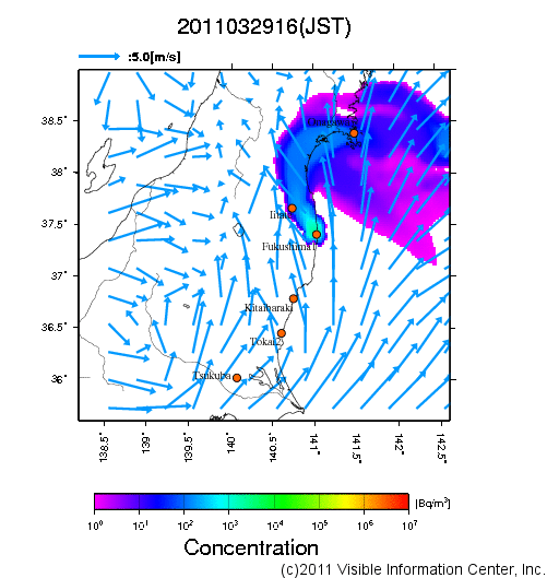大気中濃度分布[Bq/m3]　2011032916