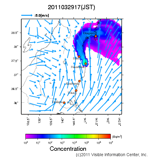 大気中濃度分布[Bq/m3]　2011032917