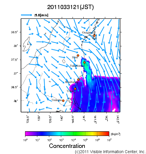 大気中濃度分布[Bq/m3]　2011033121