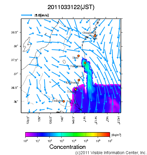大気中濃度分布[Bq/m3]　2011033122