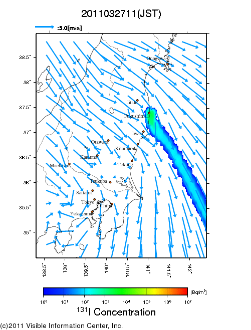 地表付近 大気中濃度分布[Bq/m3]　2011-03-27 11時