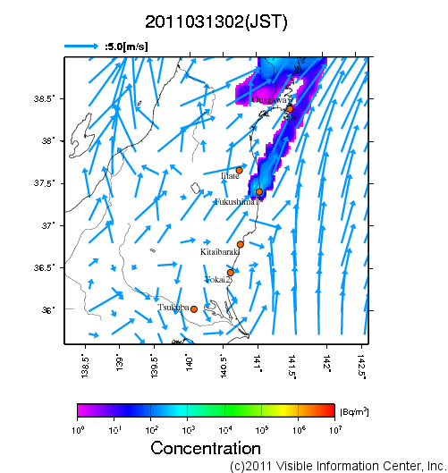 地表付近 大気中濃度分布[Bq/m3]　2011-03-13 02時