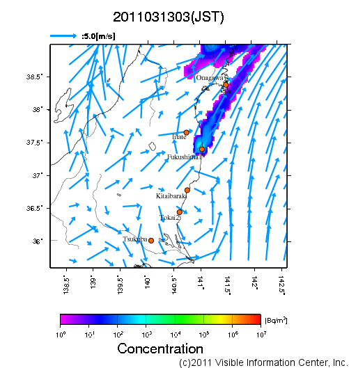 地表付近 大気中濃度分布[Bq/m3]　2011-03-13 03時