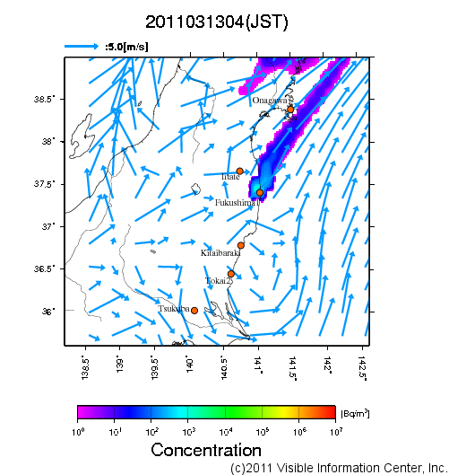 地表付近 大気中濃度分布[Bq/m3]　2011-03-13 04時