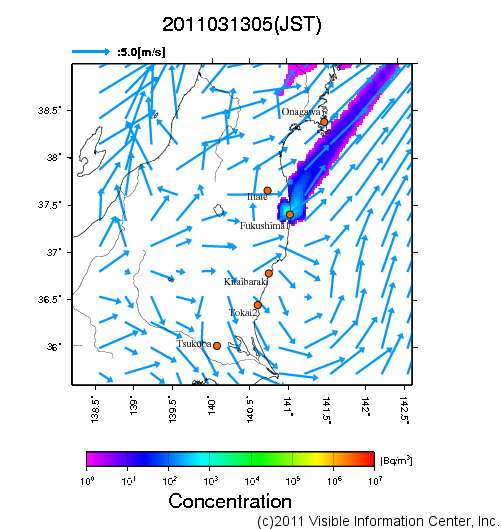 地表付近 大気中濃度分布[Bq/m3]　2011-03-13 05時