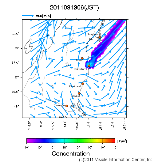 地表付近 大気中濃度分布[Bq/m3]　2011-03-13 06時
