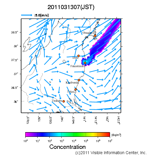 地表付近 大気中濃度分布[Bq/m3]　2011-03-13 07時