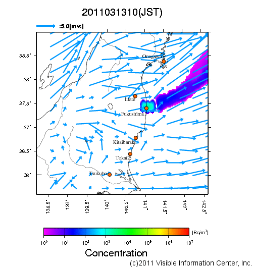 地表付近 大気中濃度分布[Bq/m3]　2011-03-13 10時