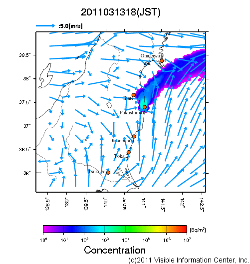 地表付近 大気中濃度分布[Bq/m3]　2011-03-13 18時