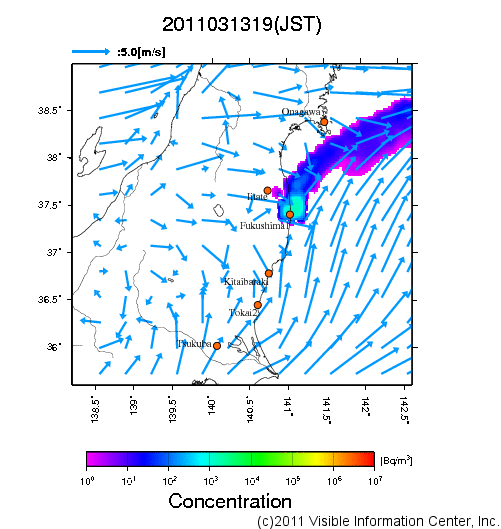地表付近 大気中濃度分布[Bq/m3]　2011-03-13 19時