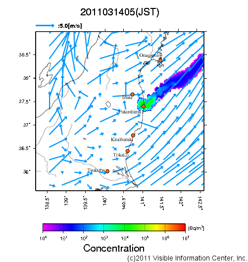 地表付近 大気中濃度分布[Bq/m3]　2011-03-14 05時