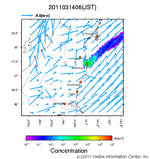地表付近 大気中濃度分布[Bq/m3]　2011-03-14 06時
