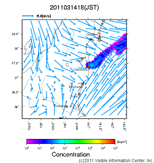 地表付近 大気中濃度分布[Bq/m3]　2011-03-14 18時
