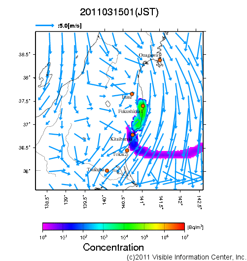 地表付近 大気中濃度分布[Bq/m3]　2011-03-15 01時