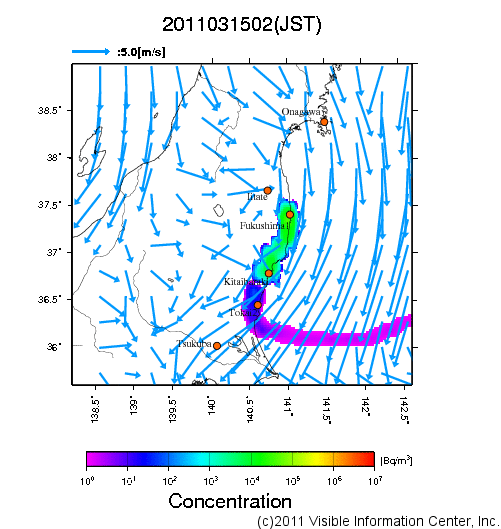 地表付近 大気中濃度分布[Bq/m3]　2011-03-15 02時