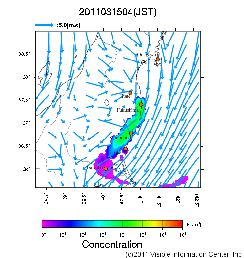 地表付近 大気中濃度分布[Bq/m3]　2011-03-15 04時