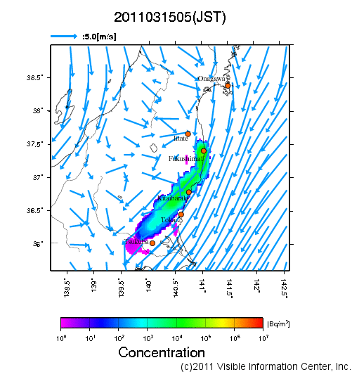 地表付近 大気中濃度分布[Bq/m3]　2011-03-15 05時