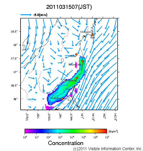 地表付近 大気中濃度分布[Bq/m3]　2011-03-15 07時