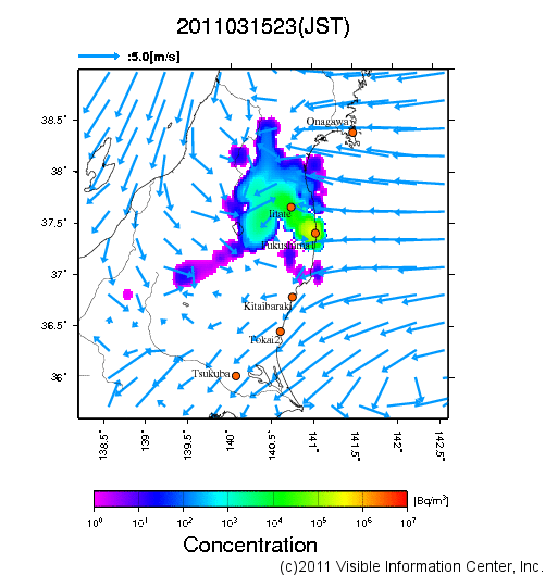 地表付近 大気中濃度分布[Bq/m3]　2011-03-15 23時