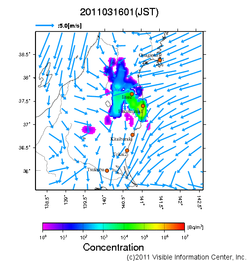 地表付近 大気中濃度分布[Bq/m3]　2011-03-16 01時