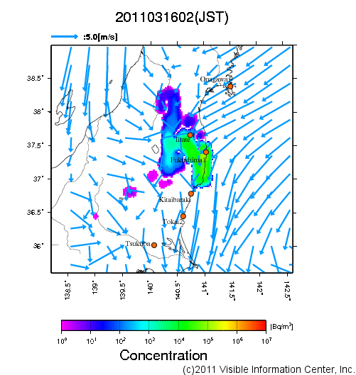 地表付近 大気中濃度分布[Bq/m3]　2011-03-16 02時