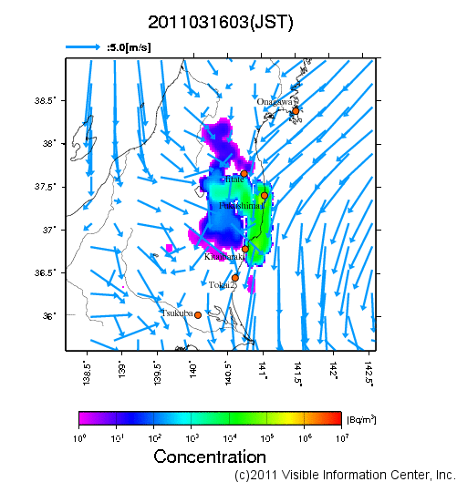 地表付近 大気中濃度分布[Bq/m3]　2011-03-16 03時