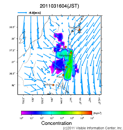 地表付近 大気中濃度分布[Bq/m3]　2011-03-16 04時