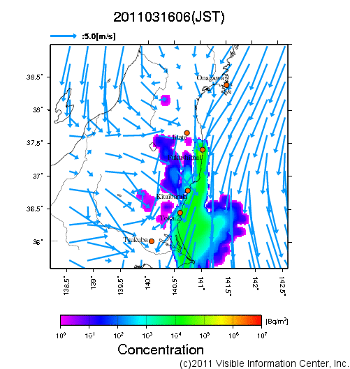 地表付近 大気中濃度分布[Bq/m3]　2011-03-16 06時