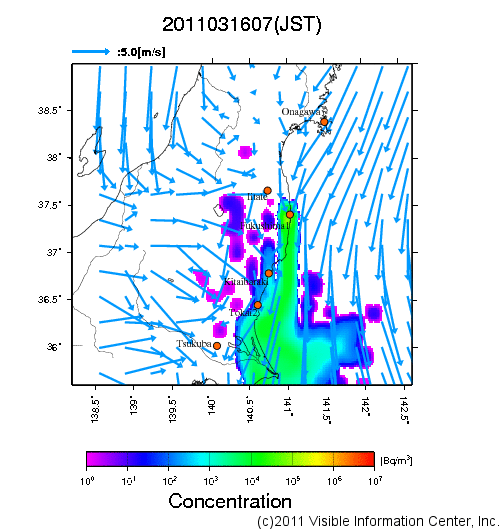 地表付近 大気中濃度分布[Bq/m3]　2011-03-16 07時