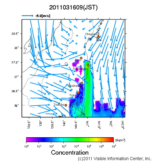 地表付近 大気中濃度分布[Bq/m3]　2011-03-16 09時