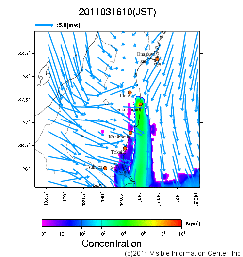 地表付近 大気中濃度分布[Bq/m3]　2011-03-16 10時