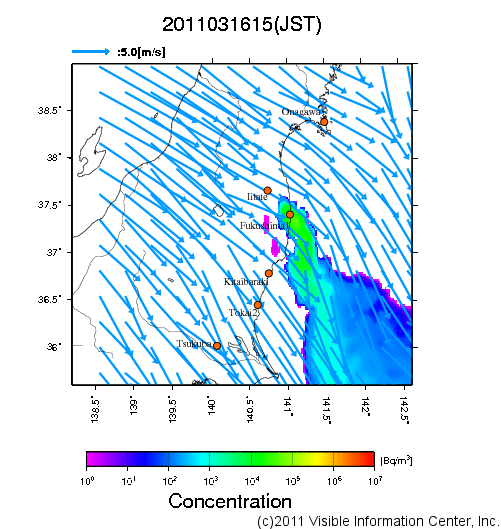 地表付近 大気中濃度分布[Bq/m3]　2011-03-16 15時