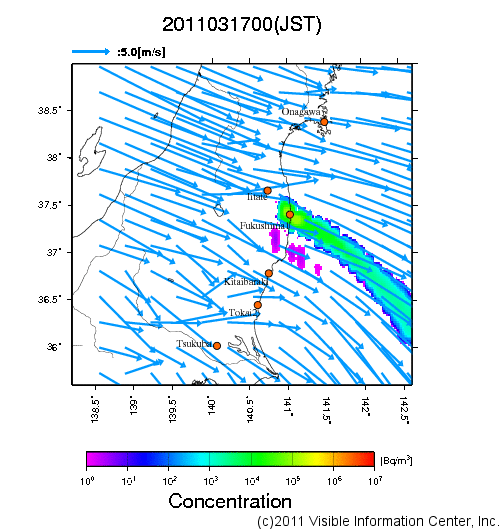 地表付近 大気中濃度分布[Bq/m3]　2011-03-17 00時