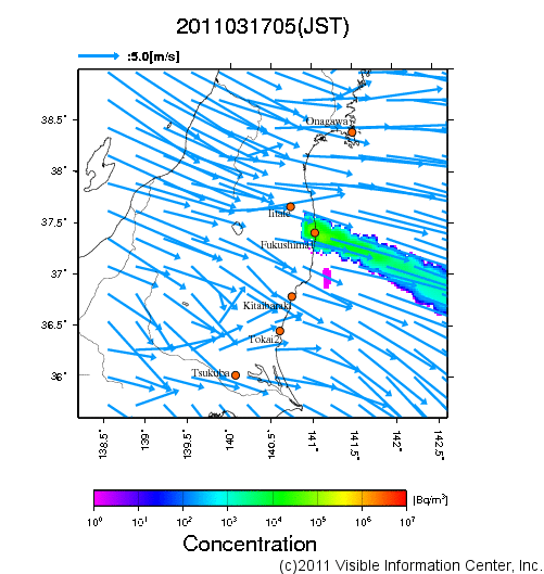 地表付近 大気中濃度分布[Bq/m3]　2011-03-17 05時
