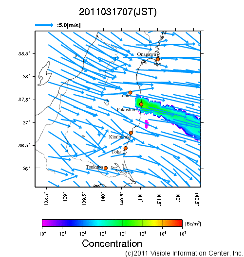 地表付近 大気中濃度分布[Bq/m3]　2011-03-17 07時