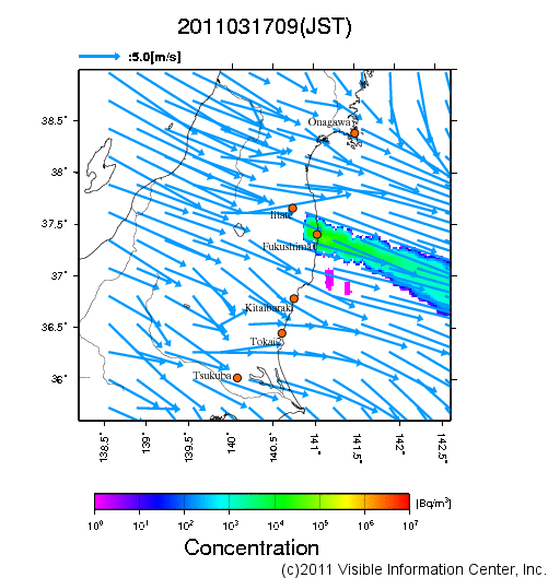 地表付近 大気中濃度分布[Bq/m3]　2011-03-17 09時