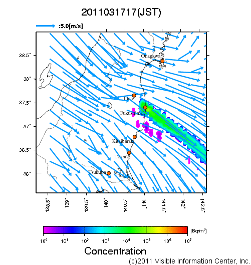 地表付近 大気中濃度分布[Bq/m3]　2011-03-17 17時